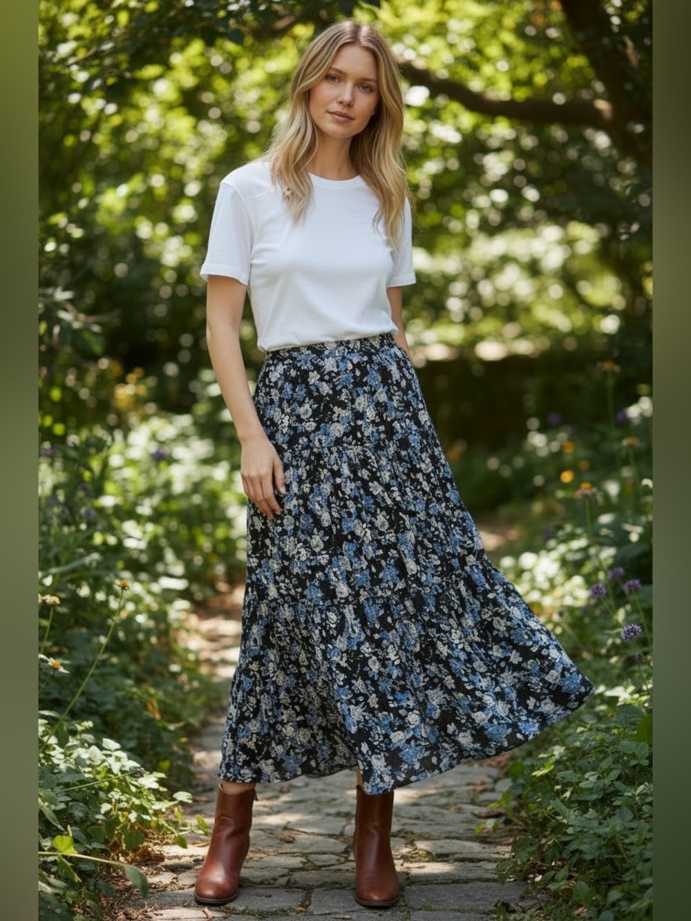 Indira Black Blue Floral Tiered Boho Midi Skirt Drawstring Waist Rayon